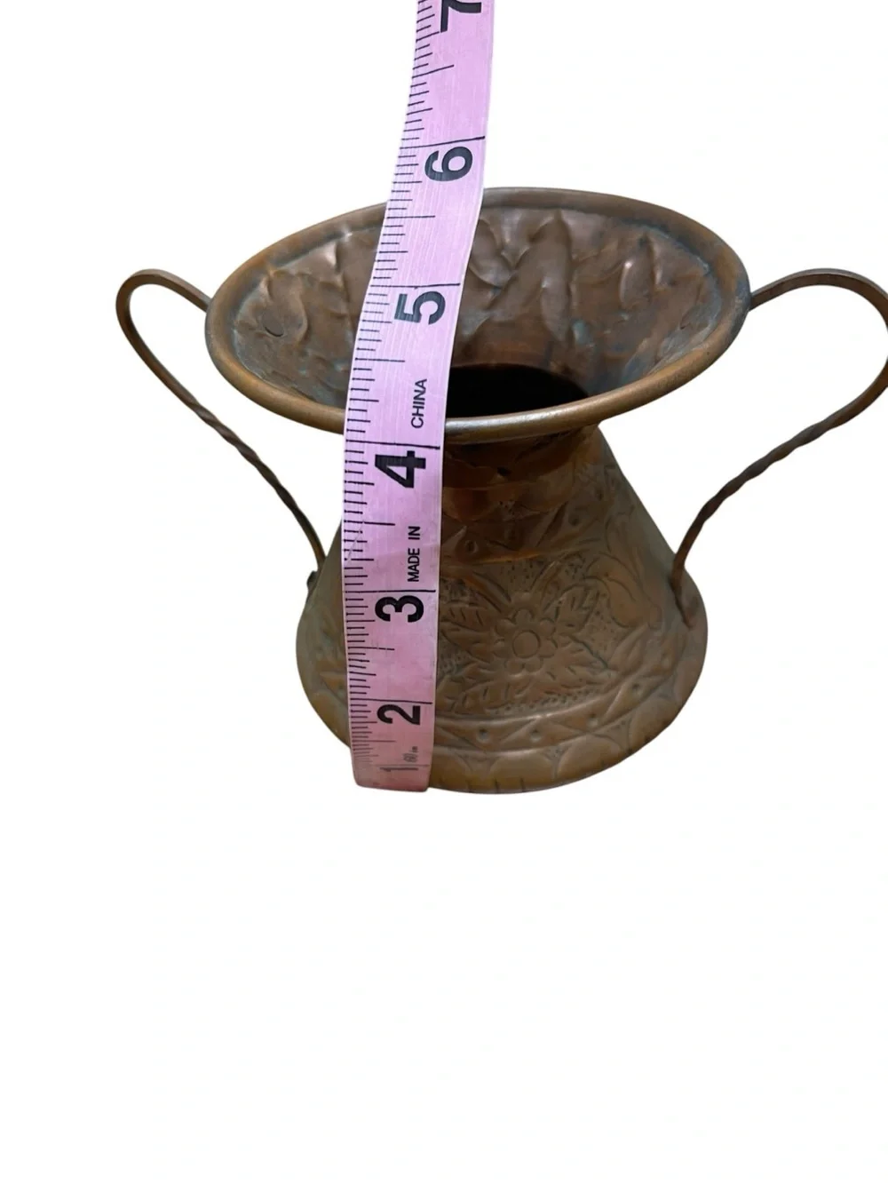 Vintage Hammered Copper Vase Urn Floral Etched Rustic Boho Decor